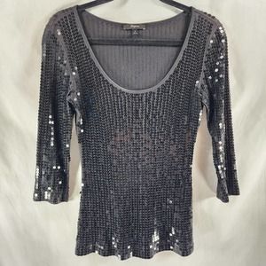 Vintage Express Size Small Pima Cotton Top Charcoal Gray Sequin 3/4 Sleeve Top